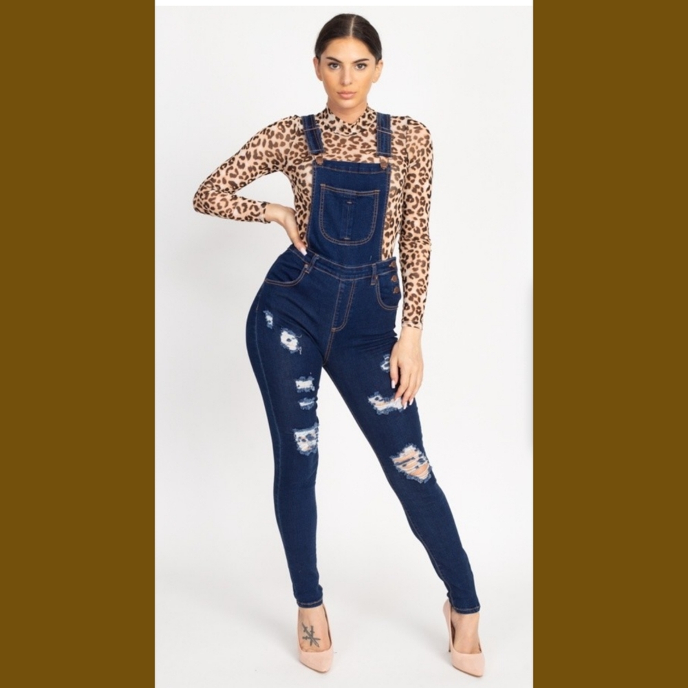 DISTRESSED DENIM SKINNY OVERALLS